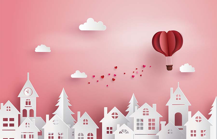 Illustration of Love and Valentine Day,Paper hot air balloon heart shape floating on the sky over village , Paper art and craft style.