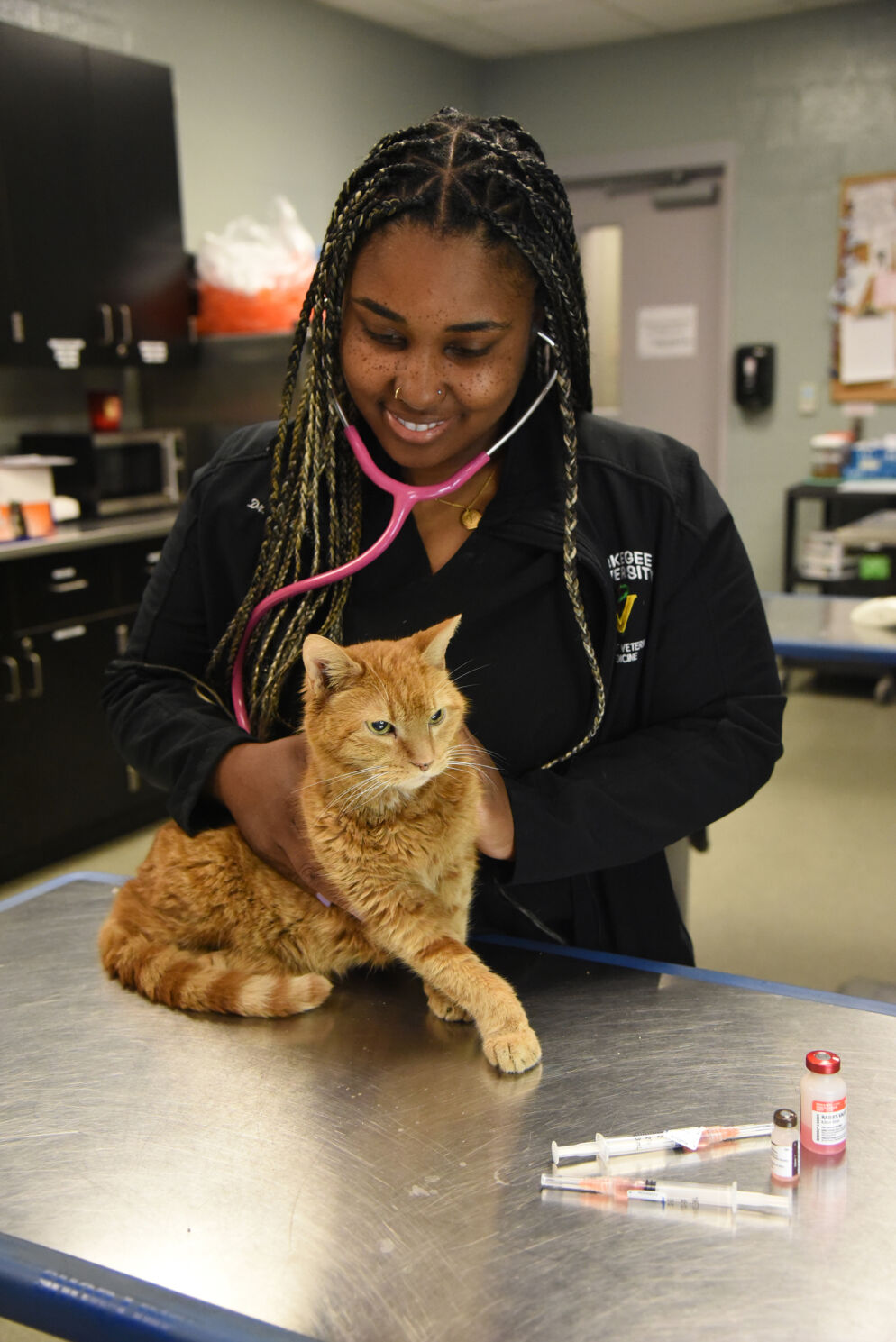 A vet holds an orange cat and listens to its heartbeat with a pink stethoscope. 