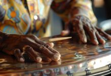 Close-up of hands of a person playing steelpan drums.