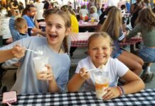 2026 Maryland State and County Fairs Two girls enjoy treats at the Maryland State Fair while seated at picnic tables.