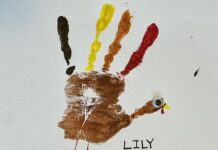 DIY: Hand Turkey Paint Craft A painted handprint of a Turkey on a white piece of paper with googly eyes on the thumb and a name next to it, "Lily."