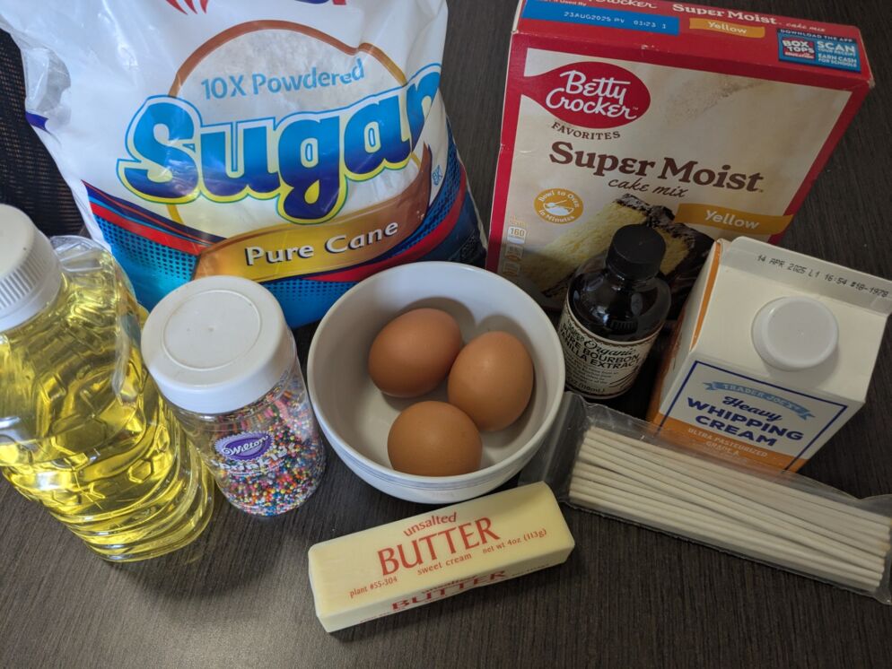 Ingredients including sugar, eggs, cake mix, oil and more to make cake pops