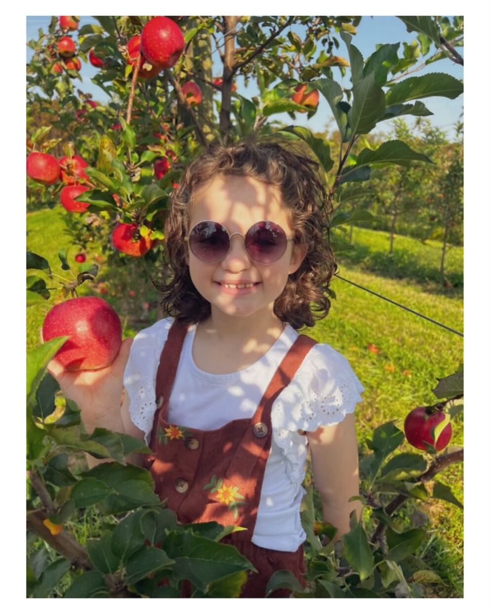 A little girl holding an apple