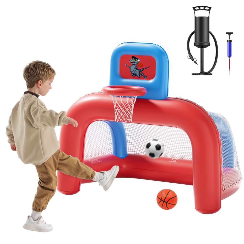 An inflatable goal and basketball hoop