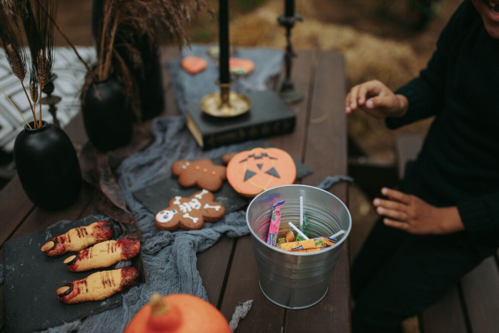 Halloween goodies and decorations on a table