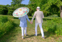 A couple walking through Ladew Gardens