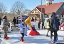People ice skating on a synthetic rink