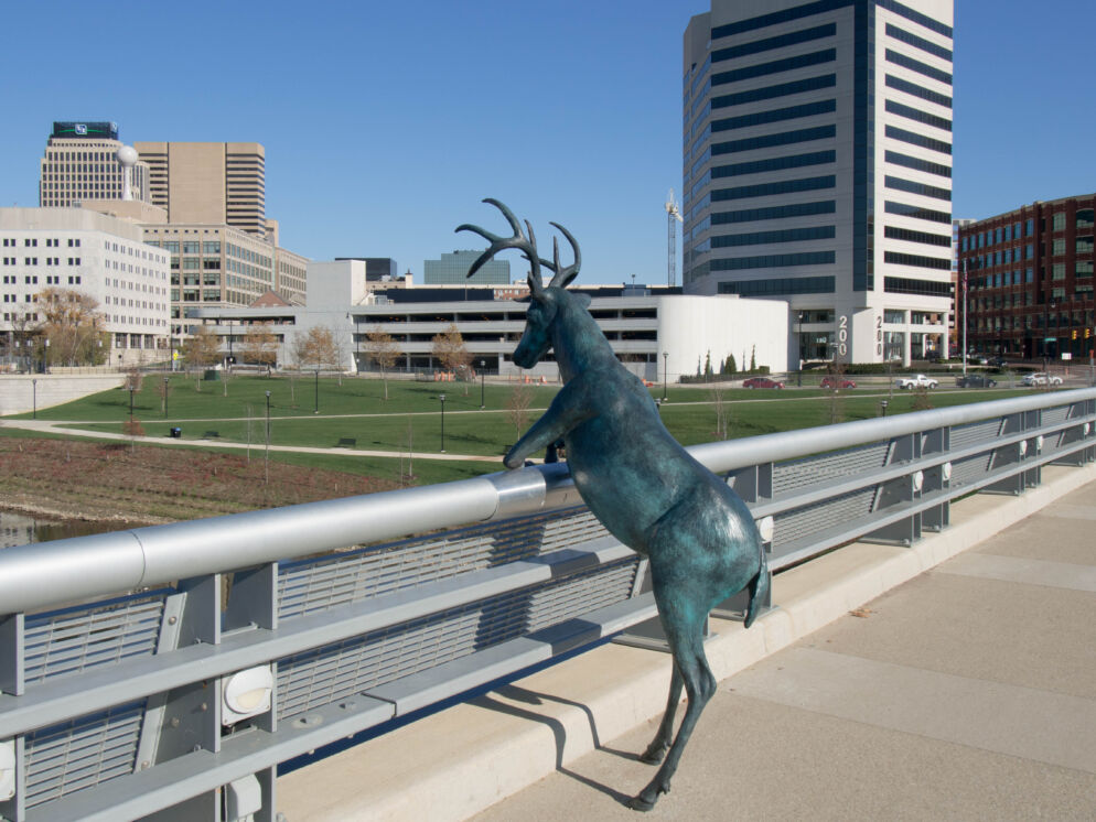 A deer statue on the Rich Street Bridge
