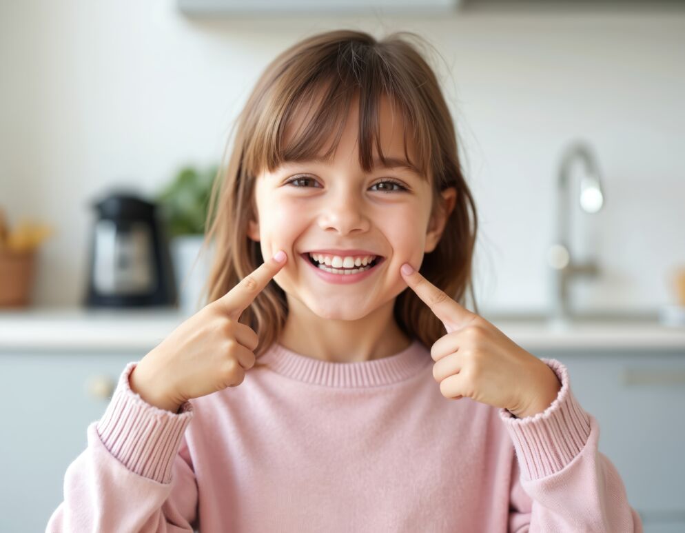 Girl smiling and poking her cheeks