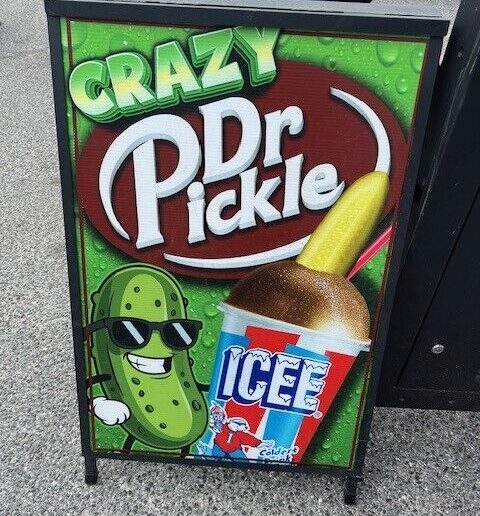 Crazy Dr. Pickle sign at the Maryland State Fair, depicting a Dr. Pepper Icee with a pickle spear stuck in the top